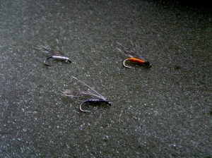 Three variations of my "one only" fly pattern: Deer Hair and White Thread; Deer Hair and Orange Floss; Deer Hair and Gray Wool. (photo taken 02 28 2013)